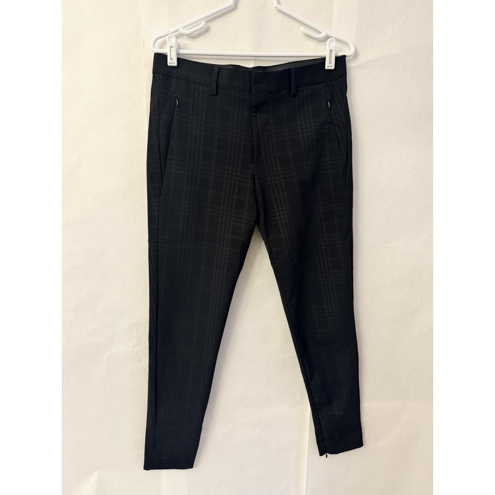 Zara Skinny Check Ankle Zip  Pants Black W/ Plaid Embossed Pattern Size 31